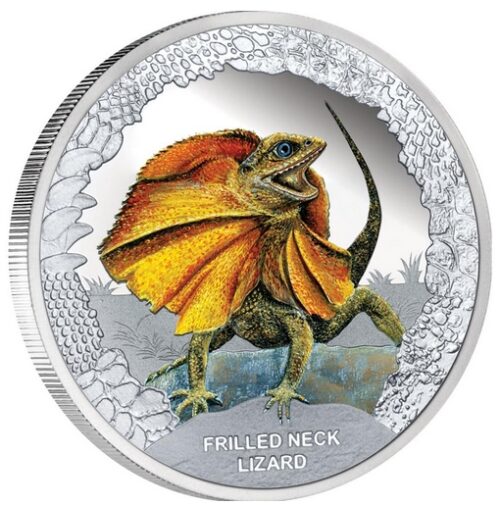 Australia's Remarkable Reptiles: Frilled Neck Lizard - Tuvalu - 2013 - 1 Dollar - coloured silver coin (OXIDATED)