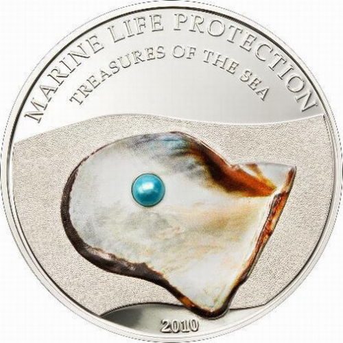 PEARLS: Treasures of the Sea (Turquoise Pearl) - Palau - 2010 - 5 Dollars - silver coin with pearl