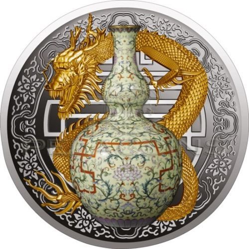 Qianlong Porcelain Vase - Niue - 2018 - 1 Dollar - silver coin with gilding & real porcelain