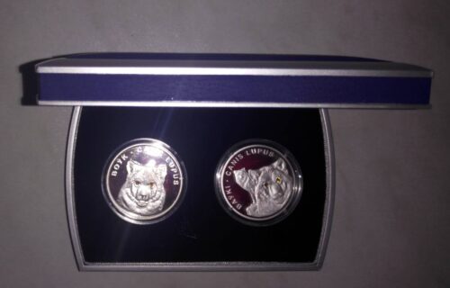 Wolf & Wolves - Belarus - 2007 - set of 2 silver coins with Swarovsky crystals in box - Image 2