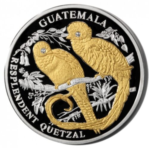 Resplendent Quetzal (Guatemala) - 2005 - Liberia - 10 Dollars - silver coin with gold & 2 diamonds