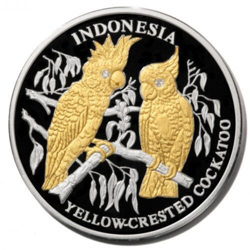 Yellow-Crested Cockatoo (Indonesia) - 2005 - Liberia - 10 Dollars - silver coin with gold & 2 diamonds